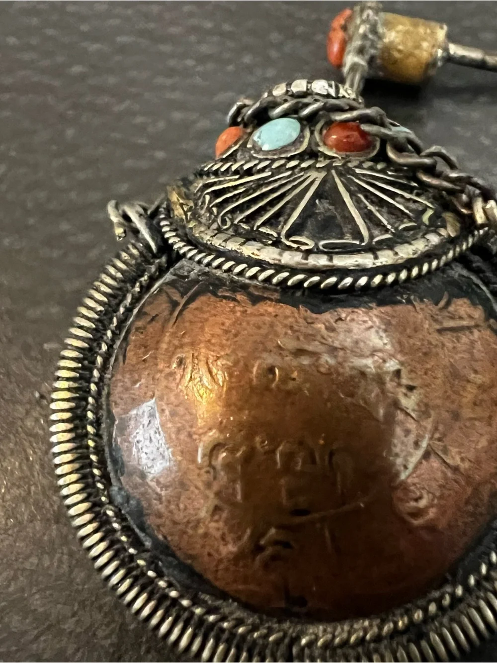 Handcrafted Copper and Silver Pendant with Turquoise and Coral Accents